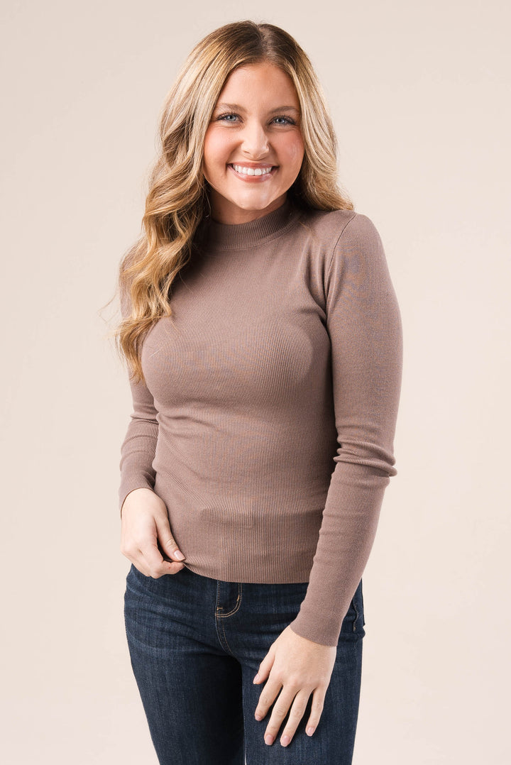 Fine Ribbed Mock Neck Top