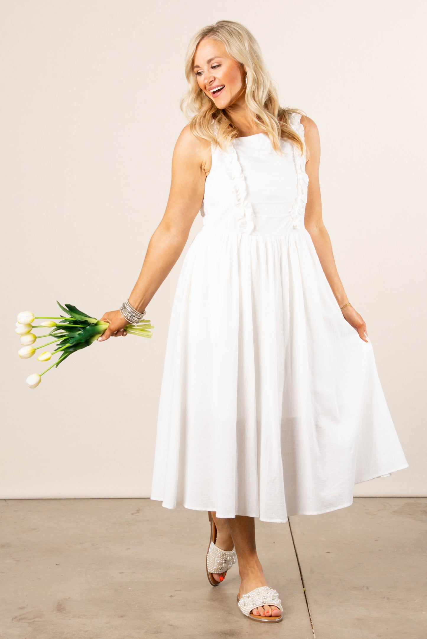 Pintucked Ruffle Detail Midi Dress Ivory