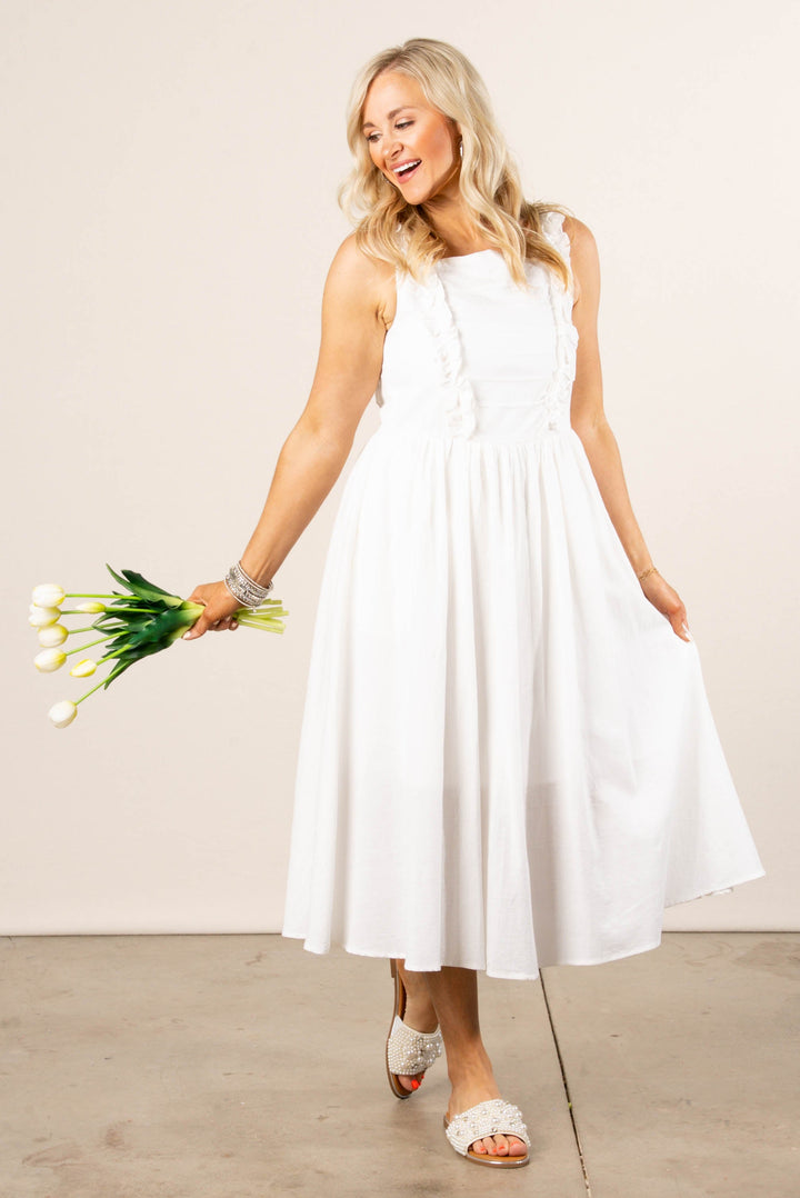 Pintucked Ruffle Detail Midi Dress Ivory