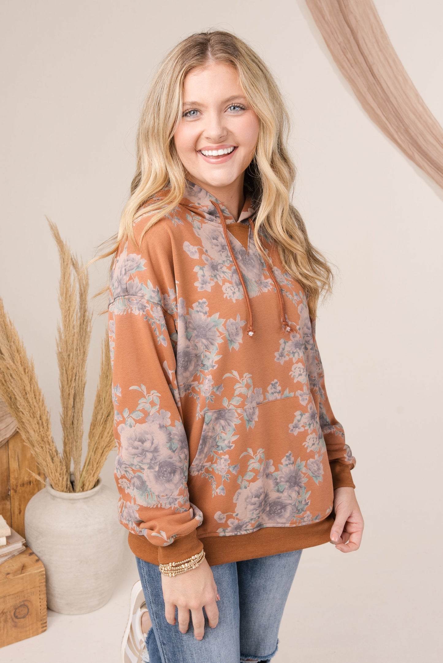 Floral Drawstring Hooded Top
