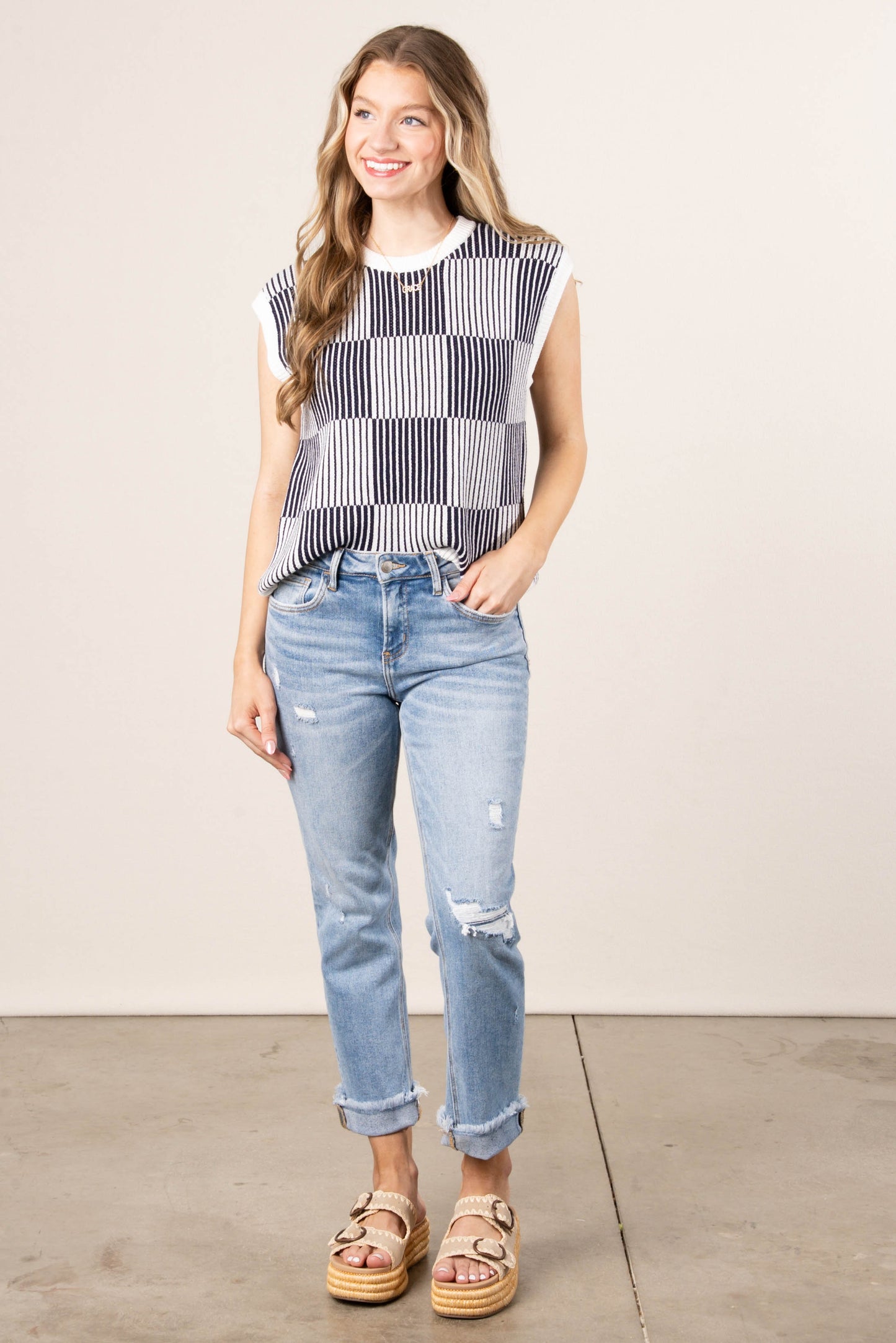 Checkered Stripe Cap Sleeve Sweater