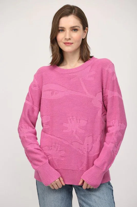 Tropical Pattern Jacquard Knit Crew Neck Sweater