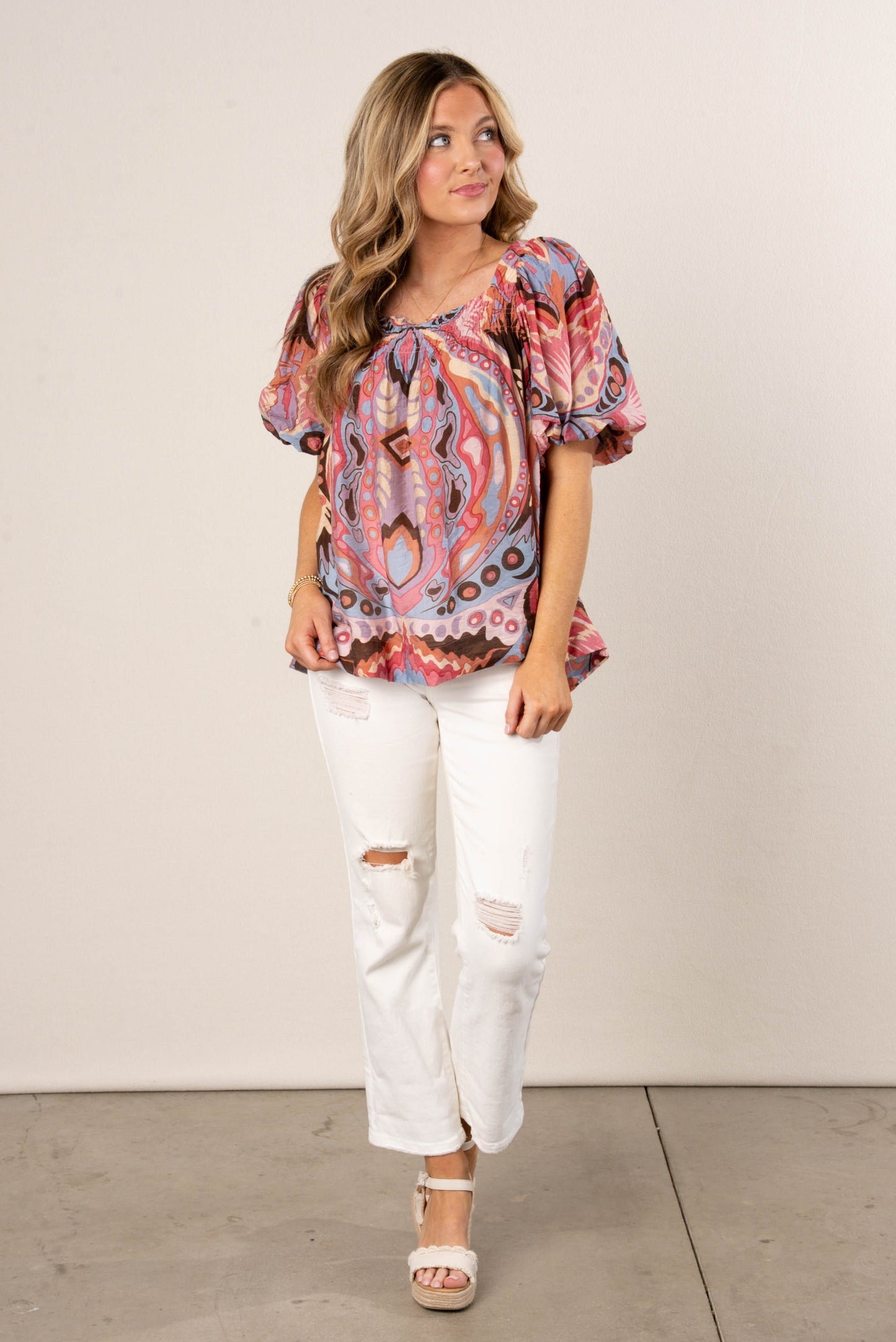 Abstract Smocked Square Neck Top
