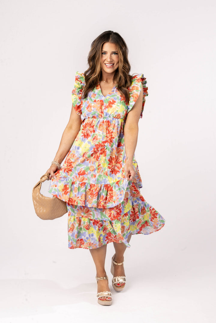 Floral Watercolor Ruffled Midi Dress