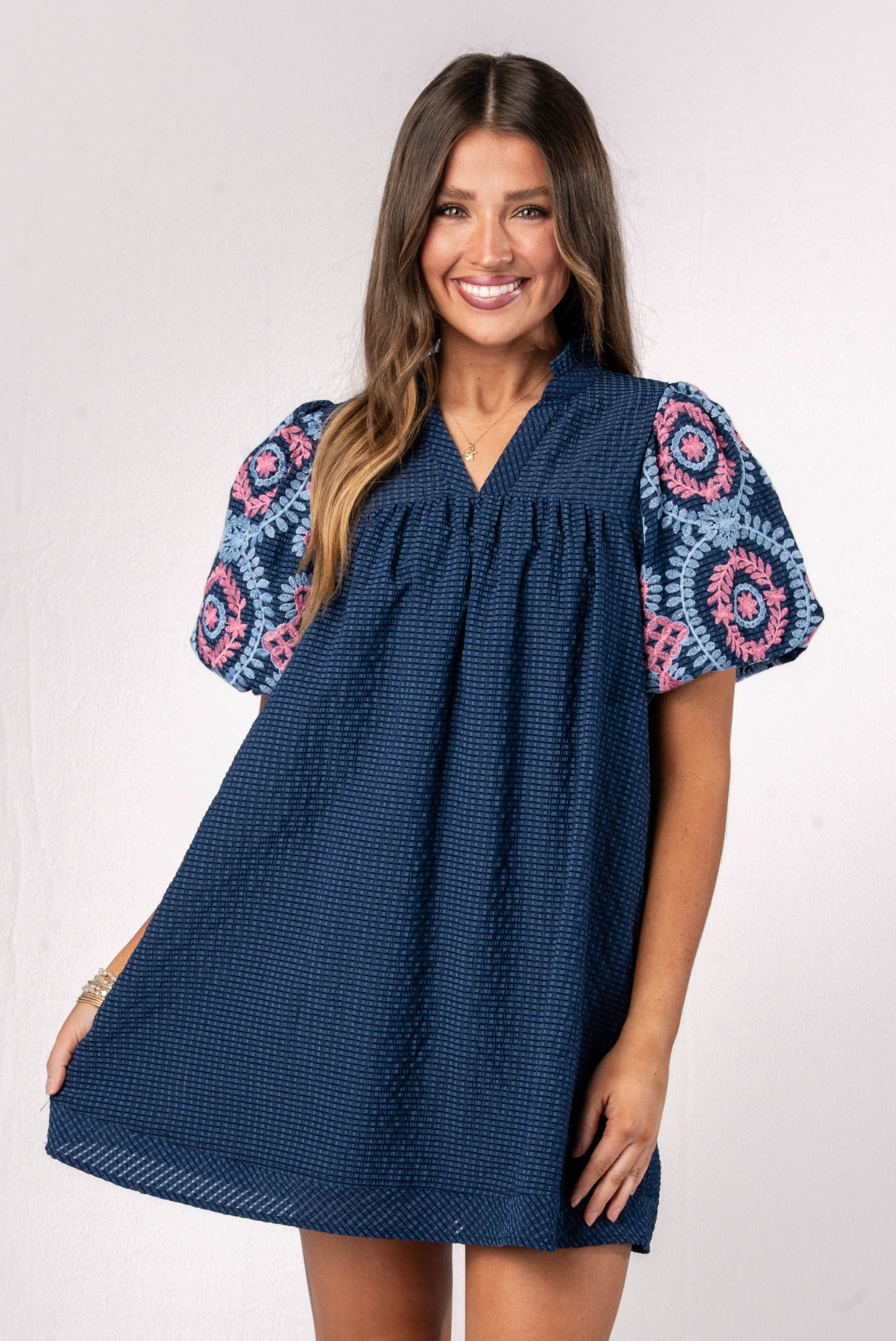 Seersucker Embroidered Sleeve Dress
