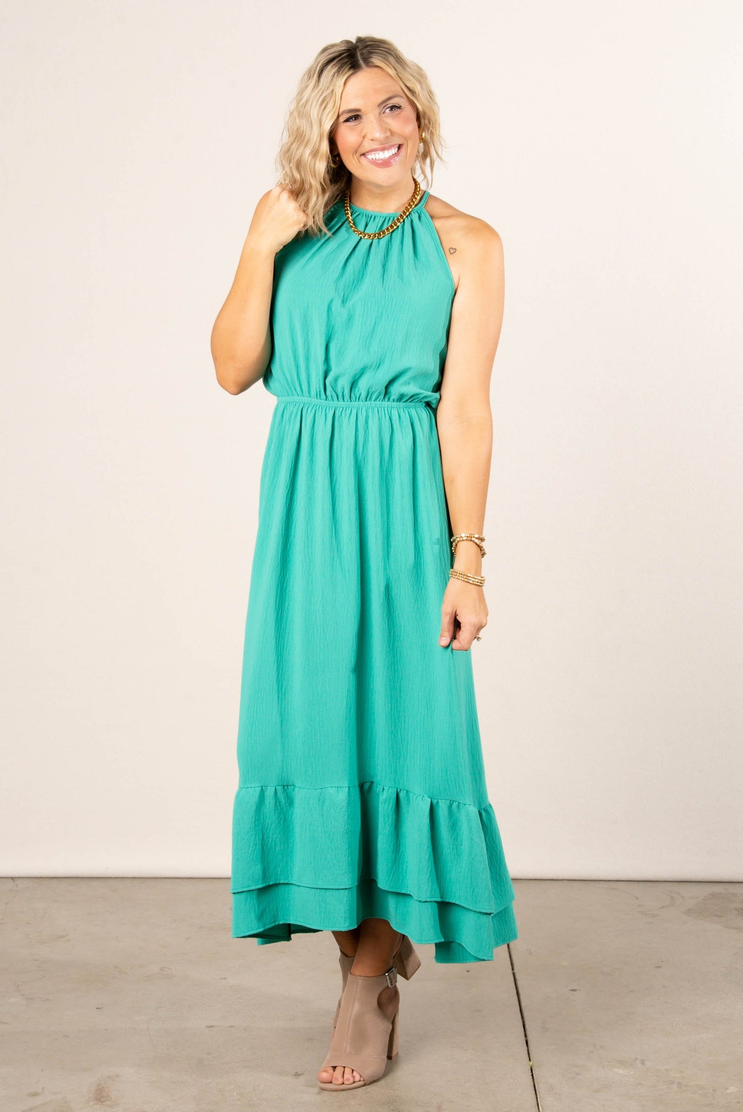 Halter Hi-Lo Ruffle Hem Maxi Dress