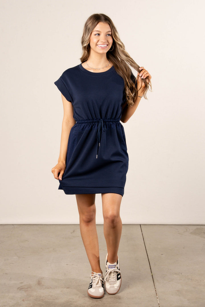 Jersey Knit Short Sleeve Drawstring Dress - Navy