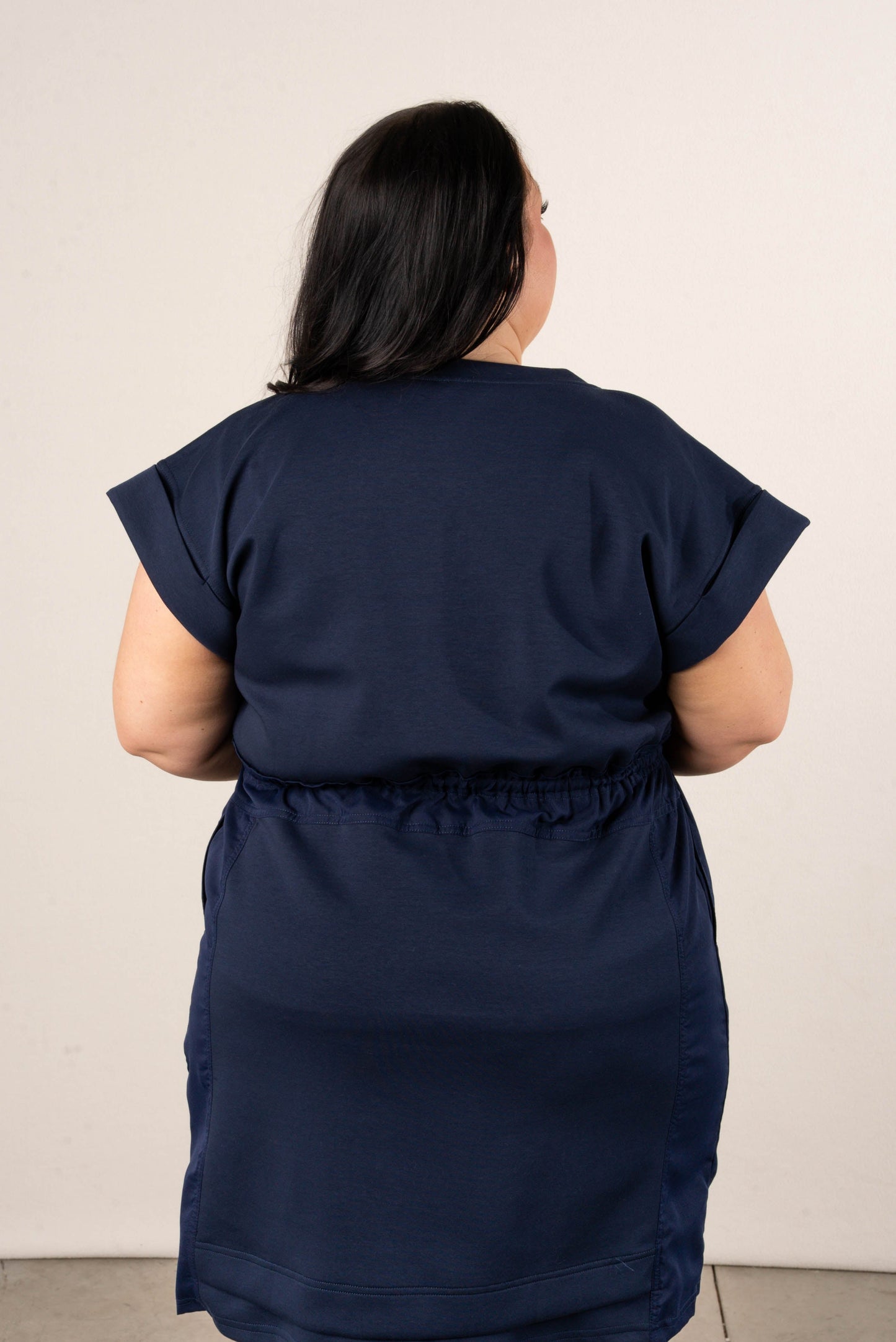 Jersey Knit Short Sleeve Drawstring Dress - Navy