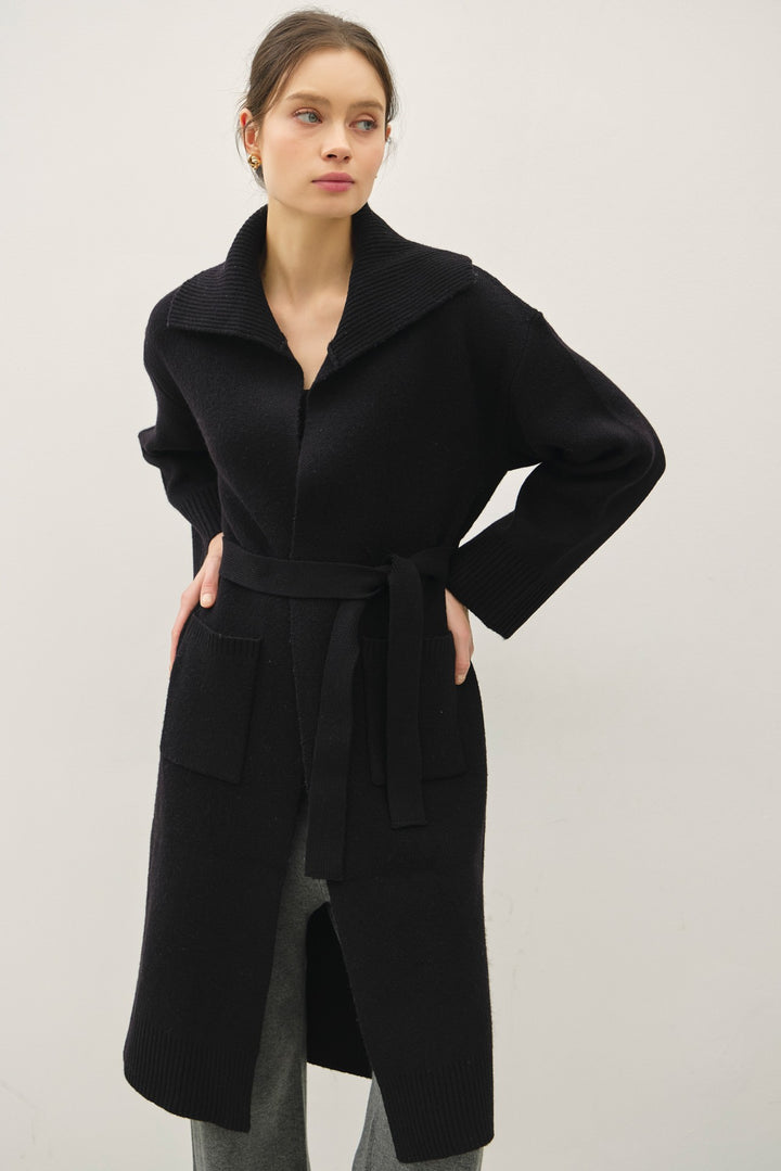 Mixed Knit Belted Sweater Coat