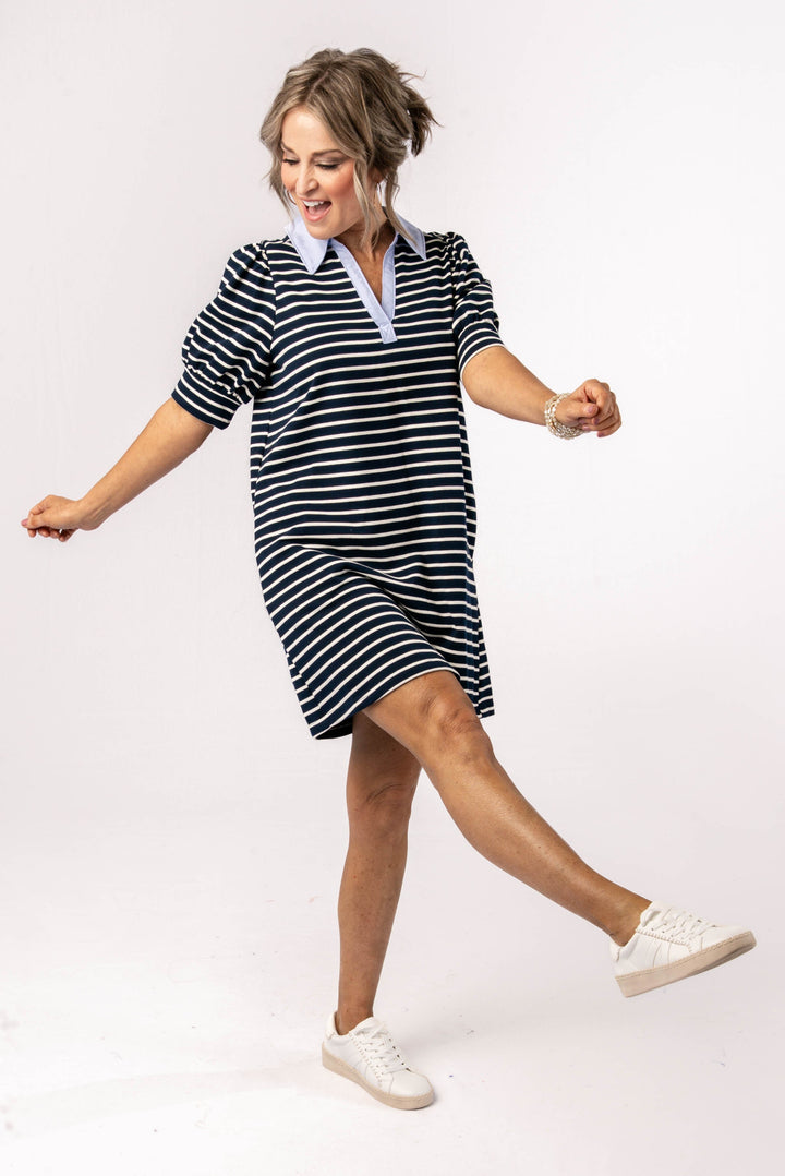 Striped Puff Sleeve Polo Dress