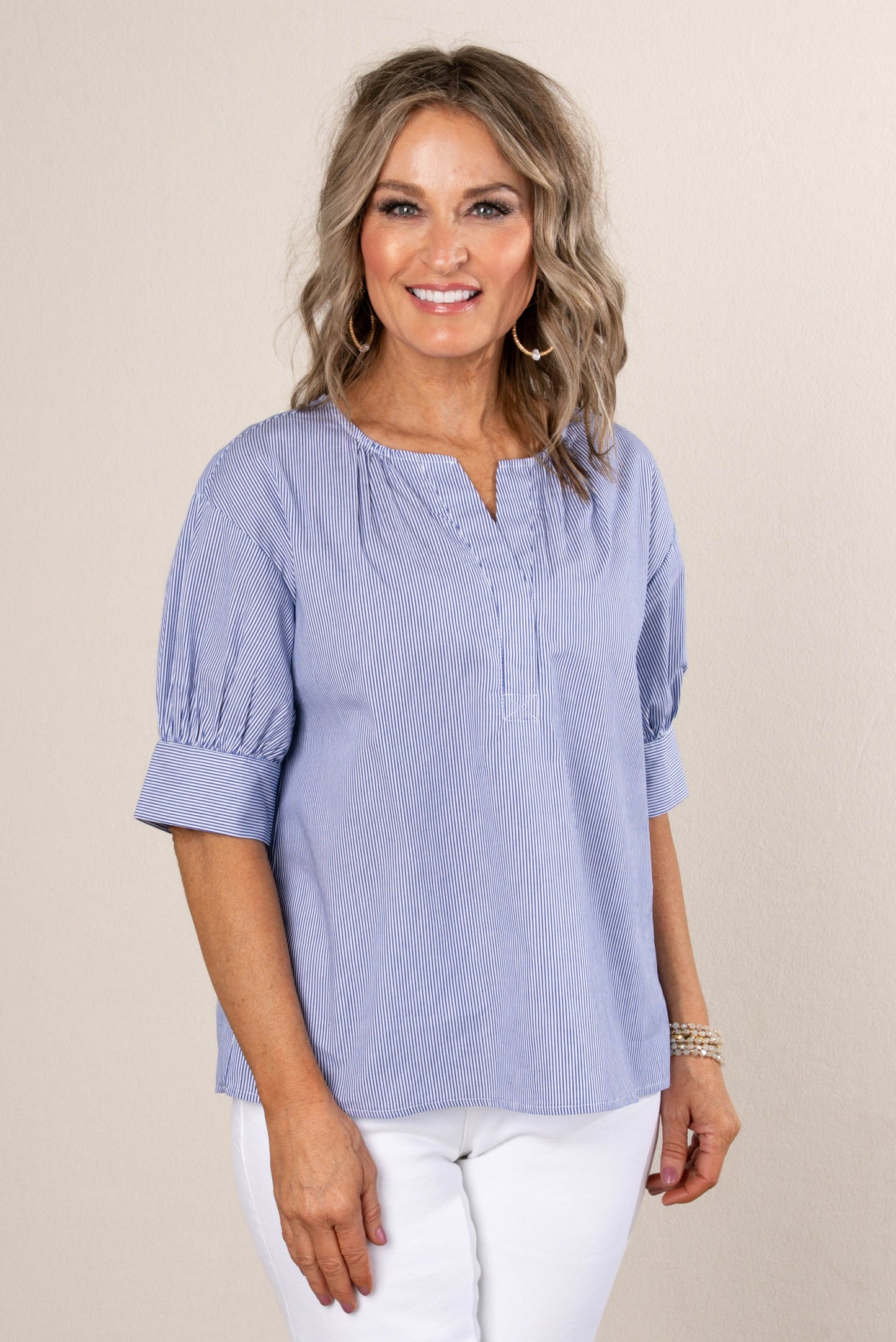 Pinstriped Button Cuff Blouse