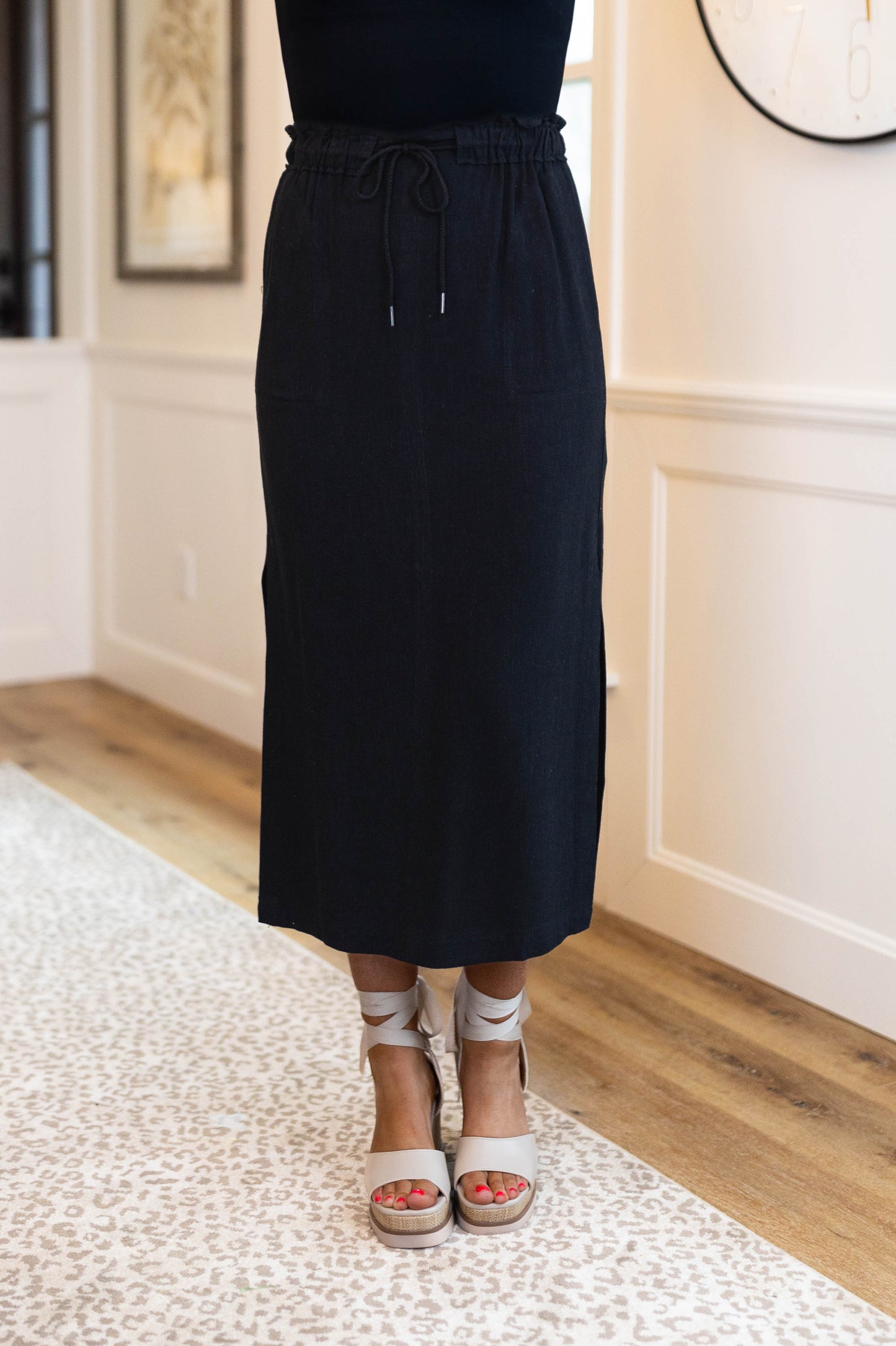 Linen Drawstring Midi Skirt