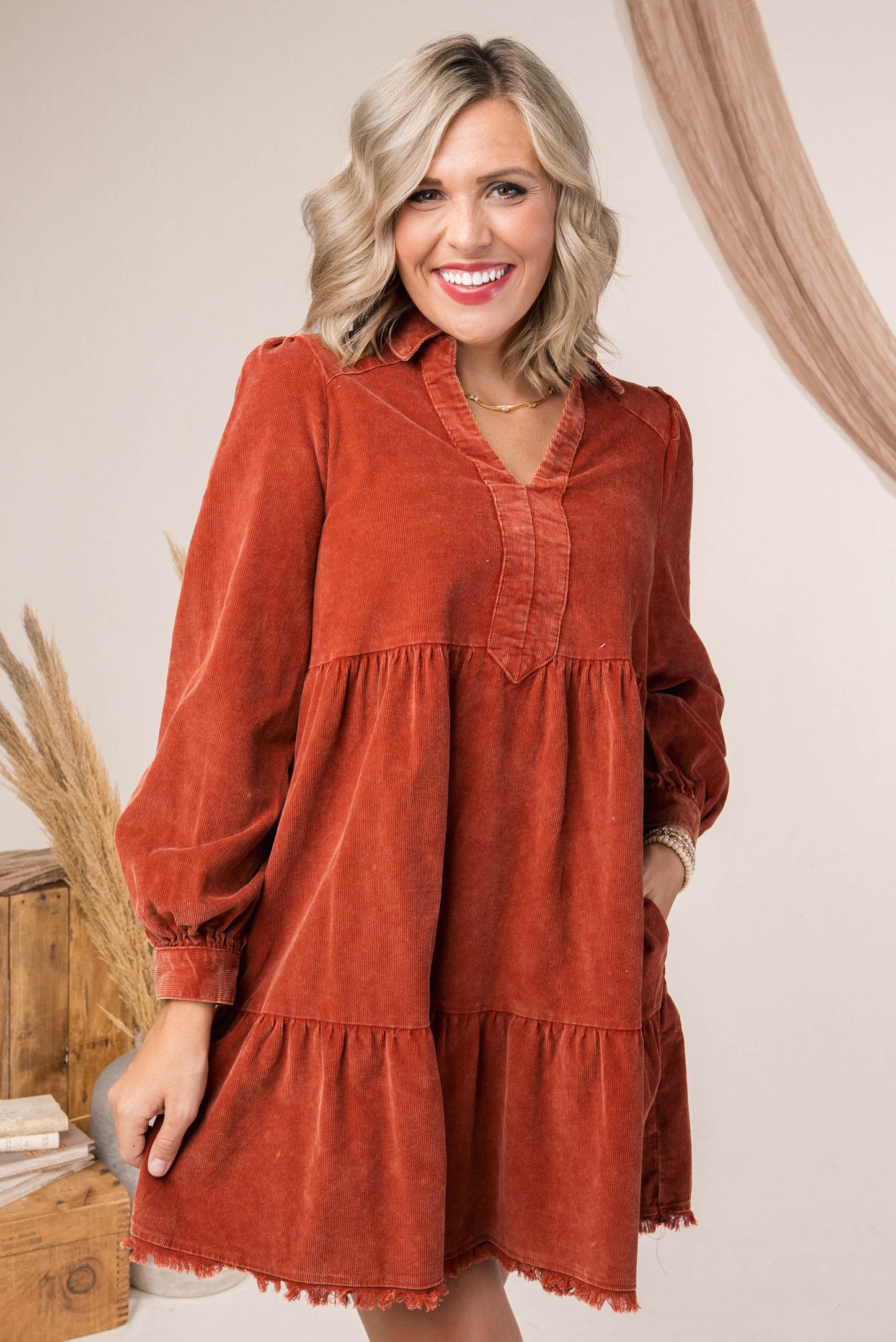 Washed Corduroy Tiered Dress