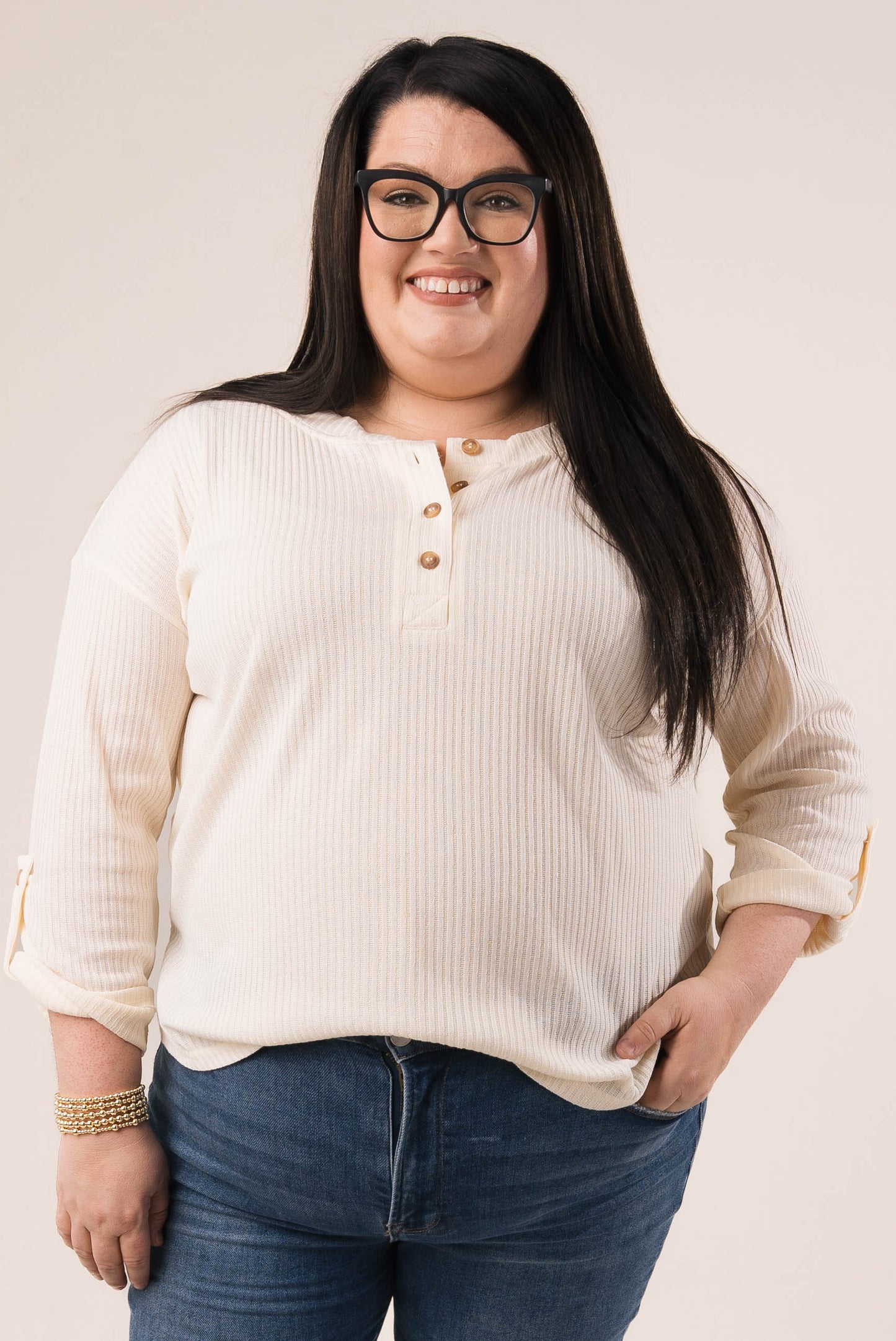 Ribbed Tab Sleeve Henley Top