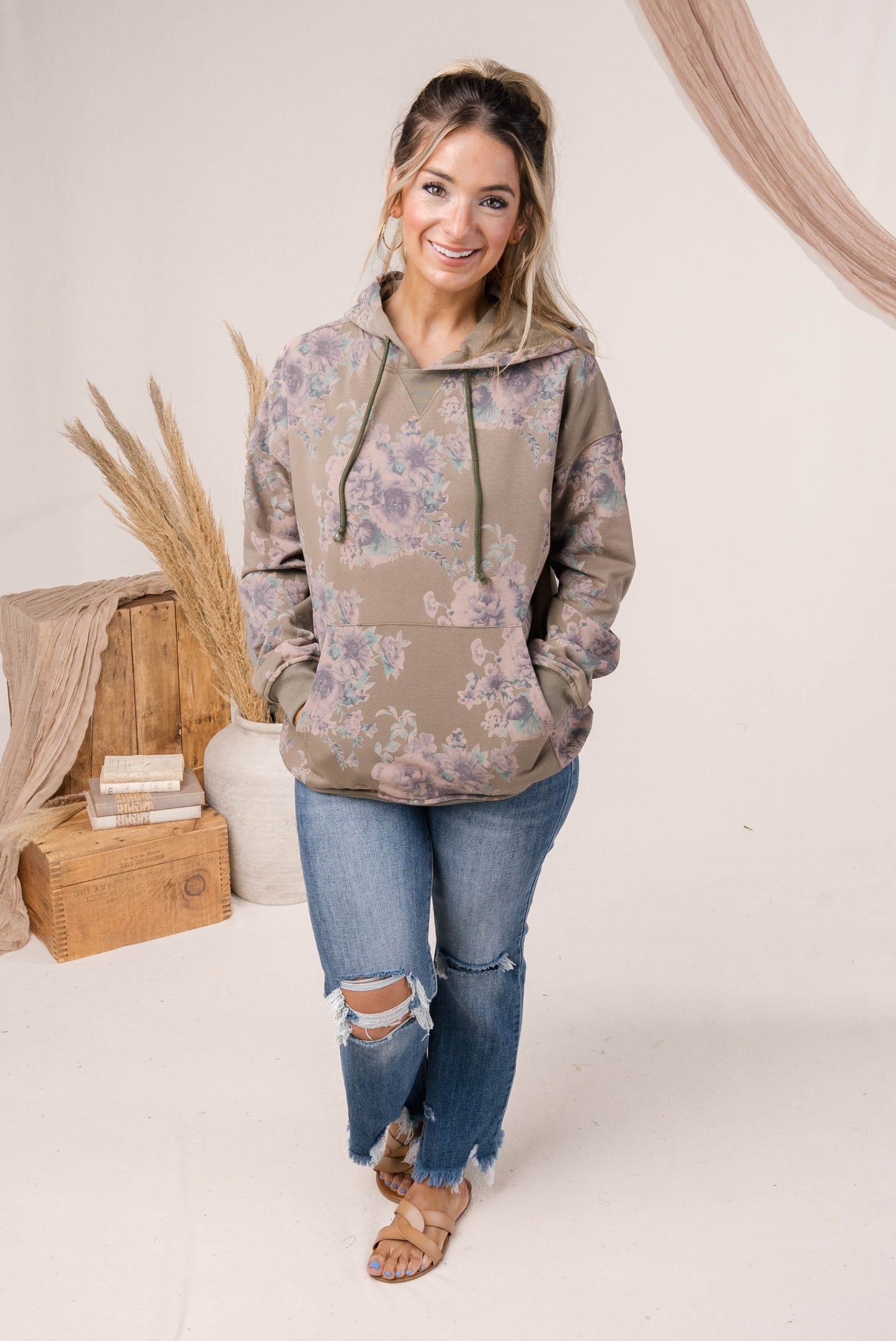 Floral Drawstring Hooded Top