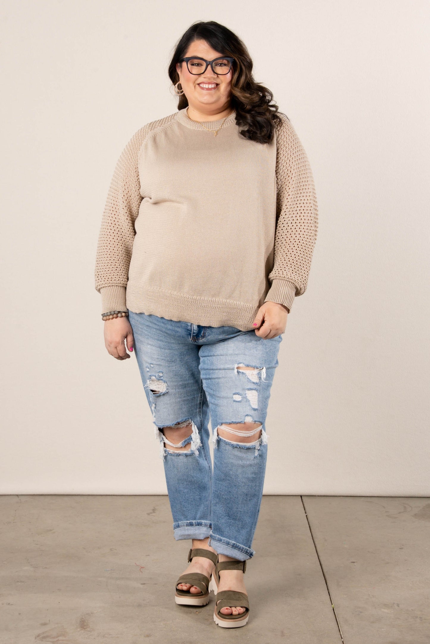 Raglan Open Knit Sleeve Top