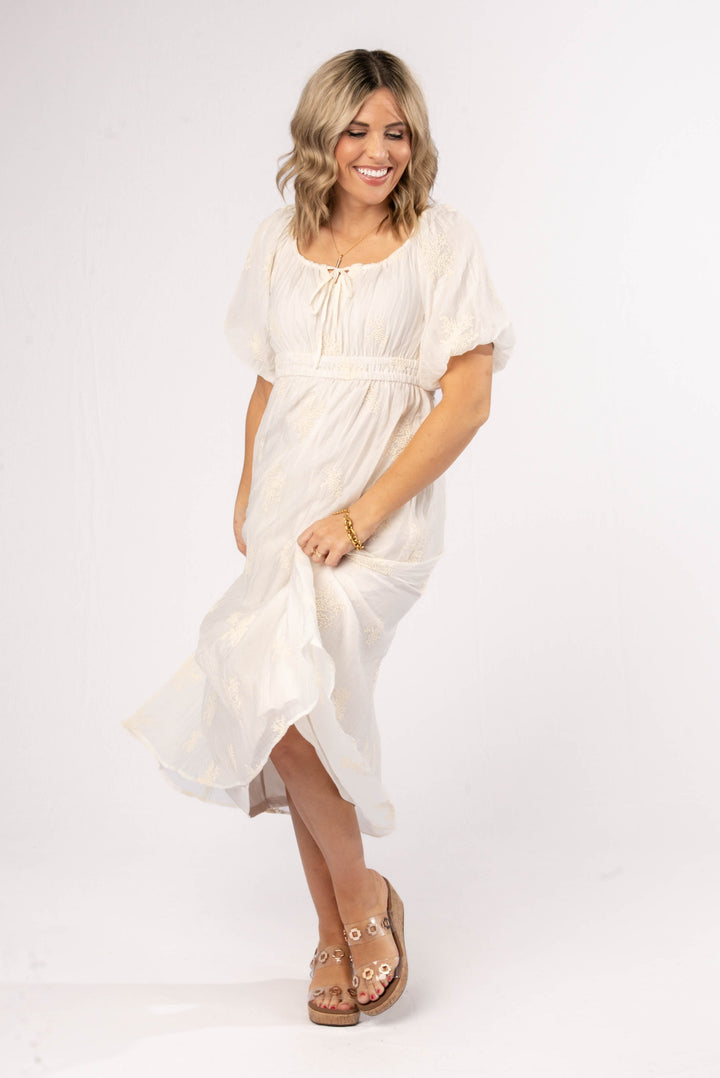 Embroidered Gauze Knit Midi Dress