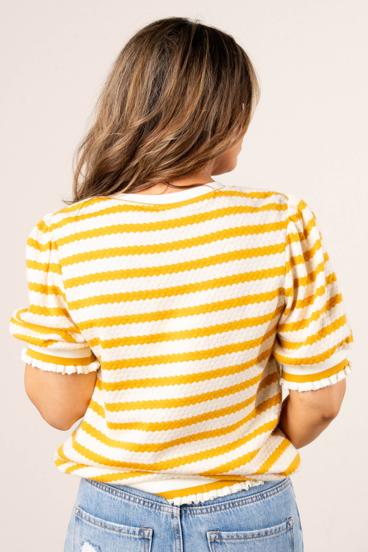 Textured Stripe Ruffle Trim Top