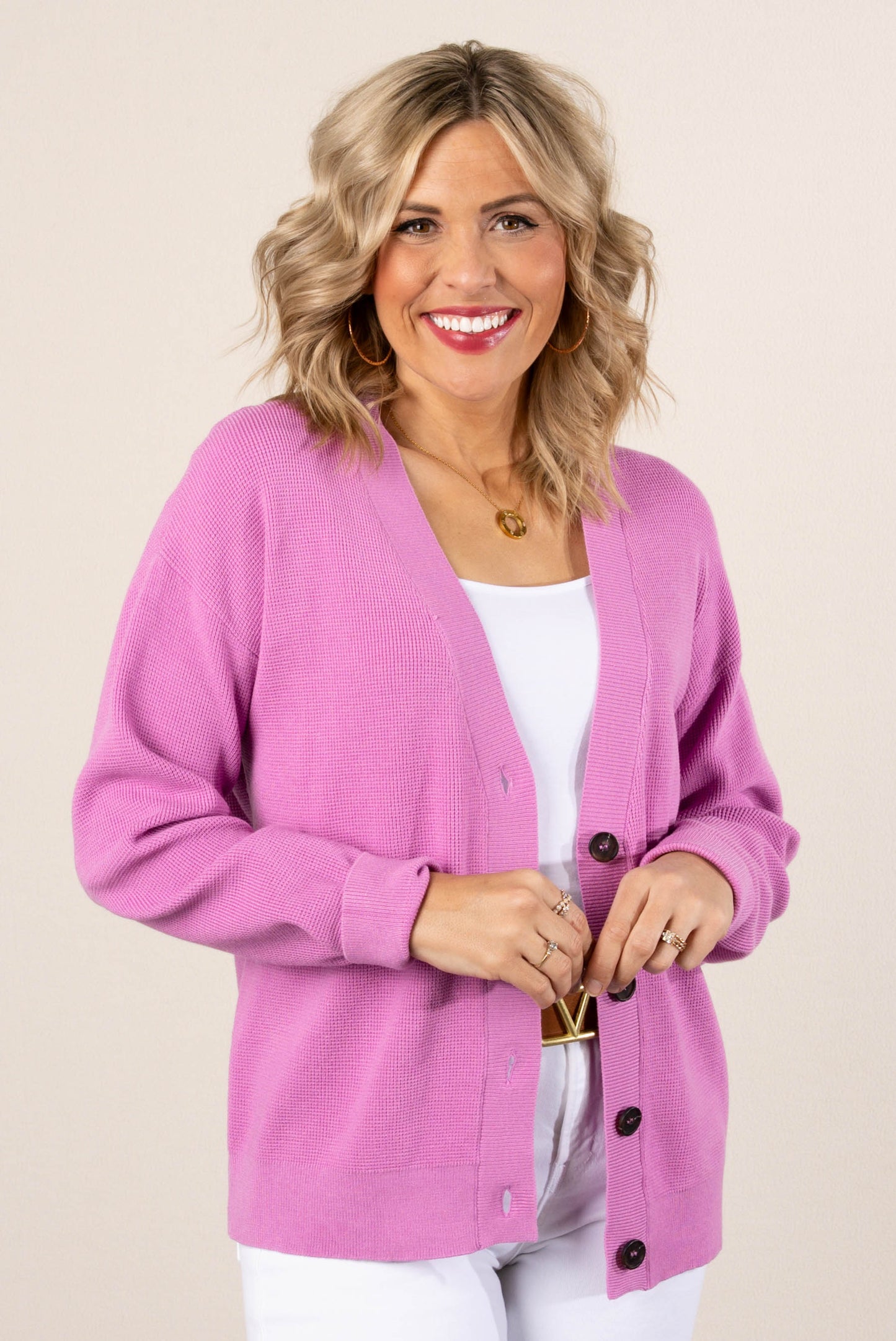Mini Waffle Knit Button Up Cardigan