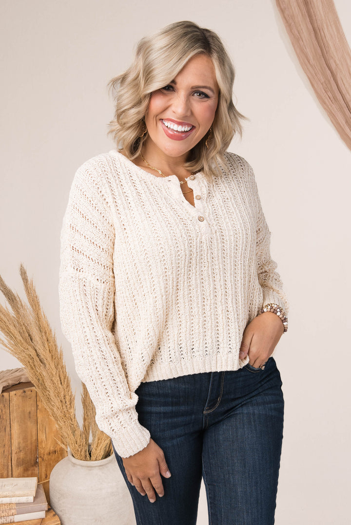 Open Knit Cropped Henley Sweater