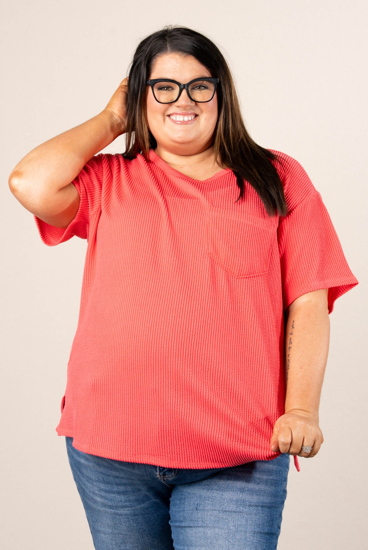 Ribbed Drop Shoulder Pocket Top