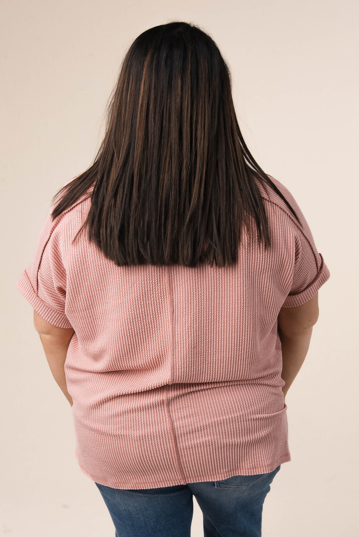 Corded Rib Exposed Seam V-Neck Top
