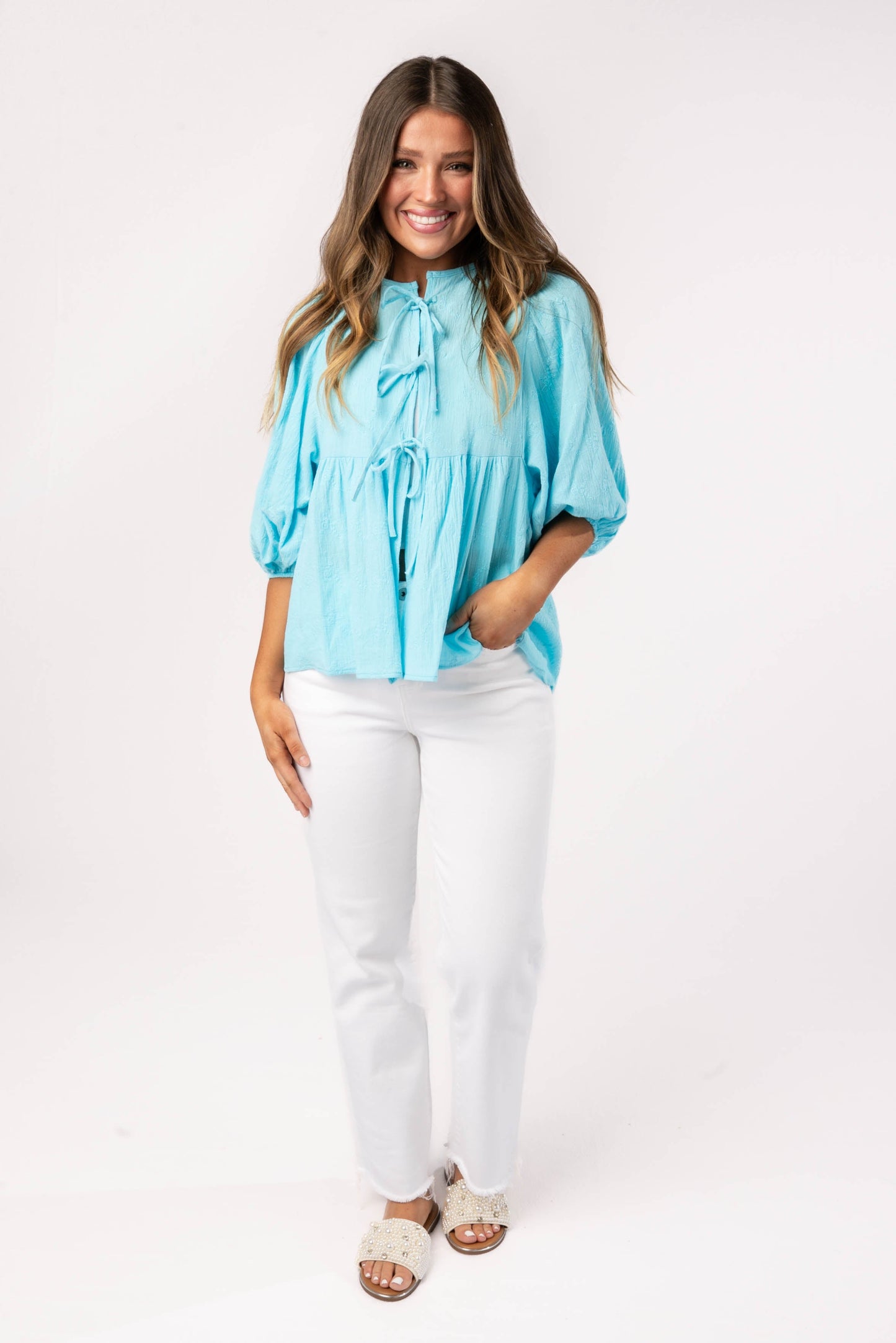 Floral Eyelet Tie Front Blouse