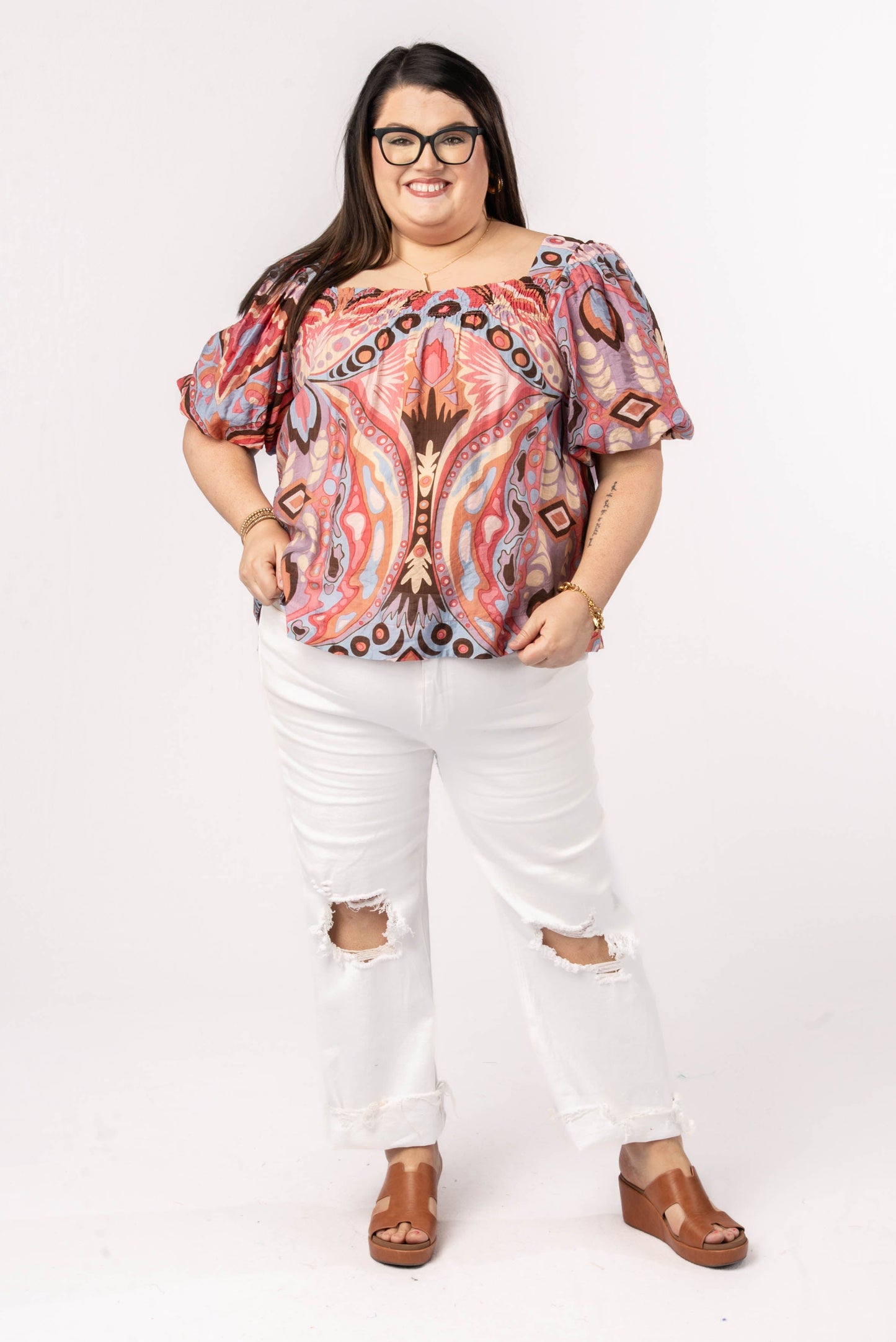 Abstract Smocked Square Neck Top