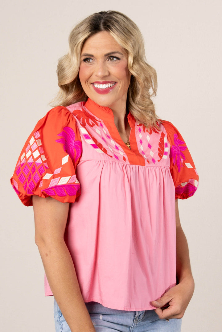 Embroidered Detail Frill Neck Top