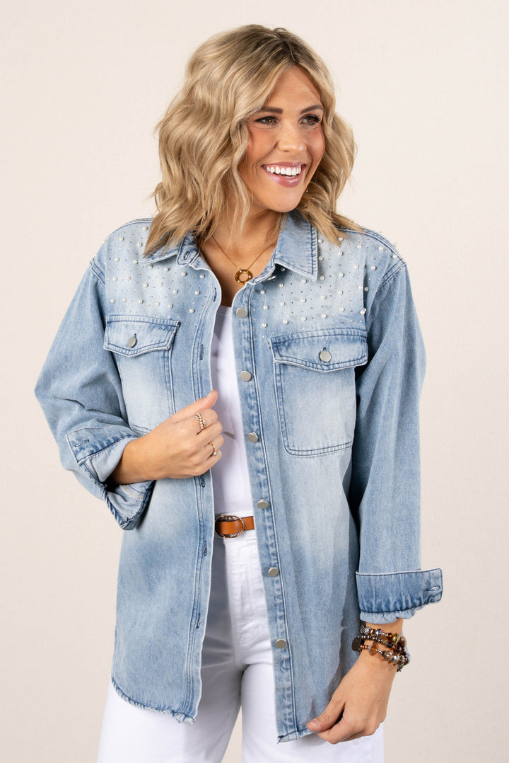 Pearl Embellished Denim Shacket
