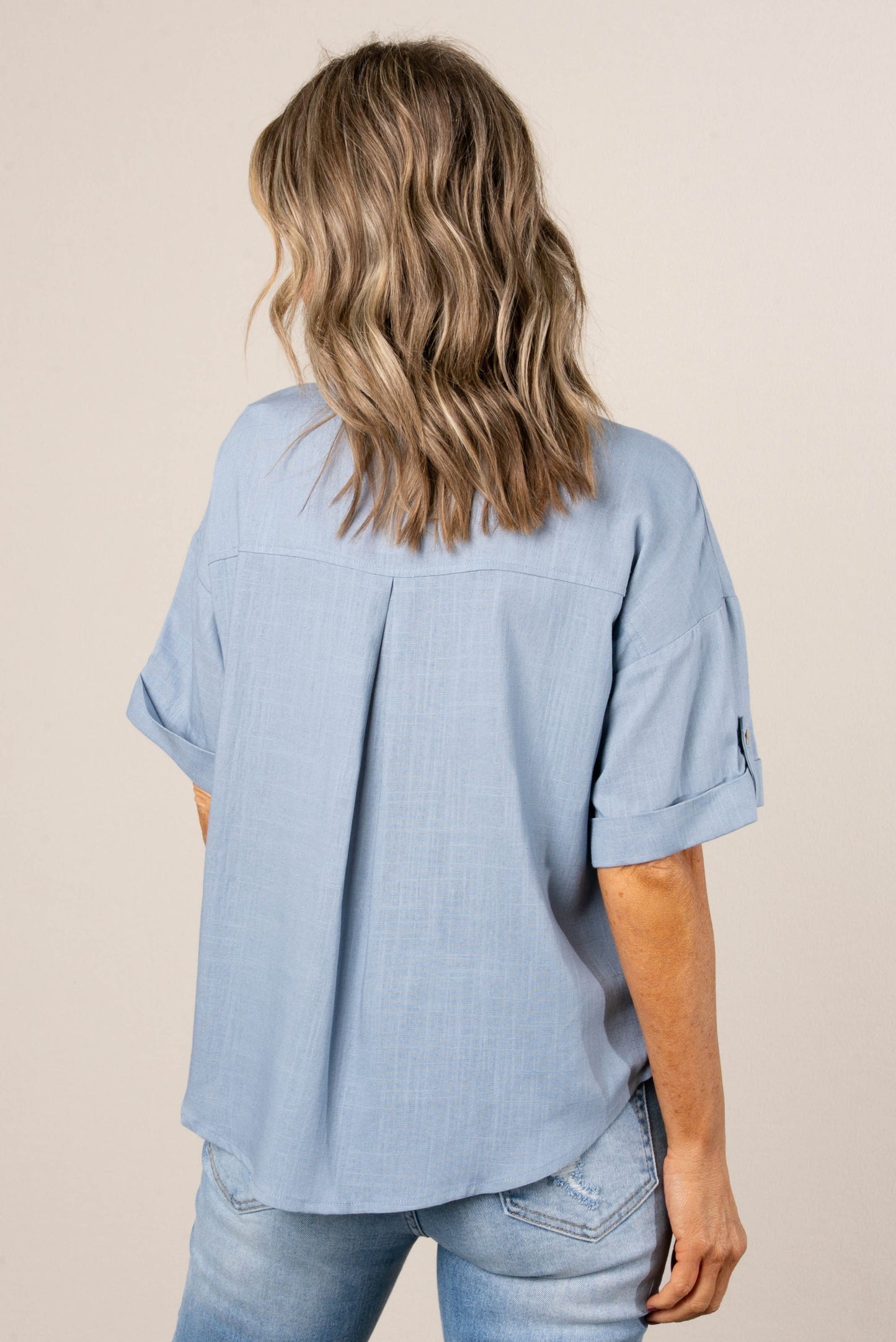 Linen Blend Tab Sleeve Shirt