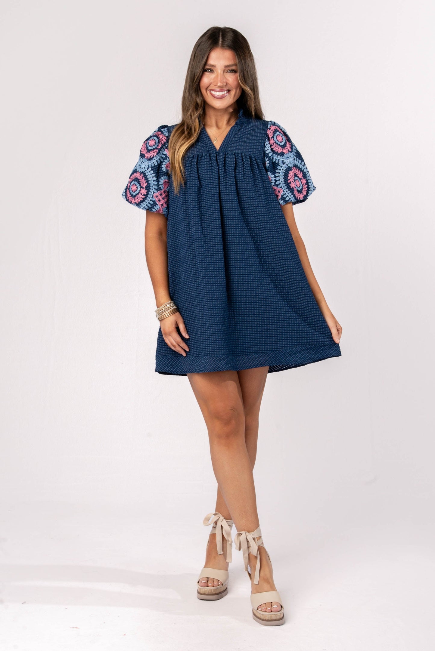 Seersucker Embroidered Sleeve Dress