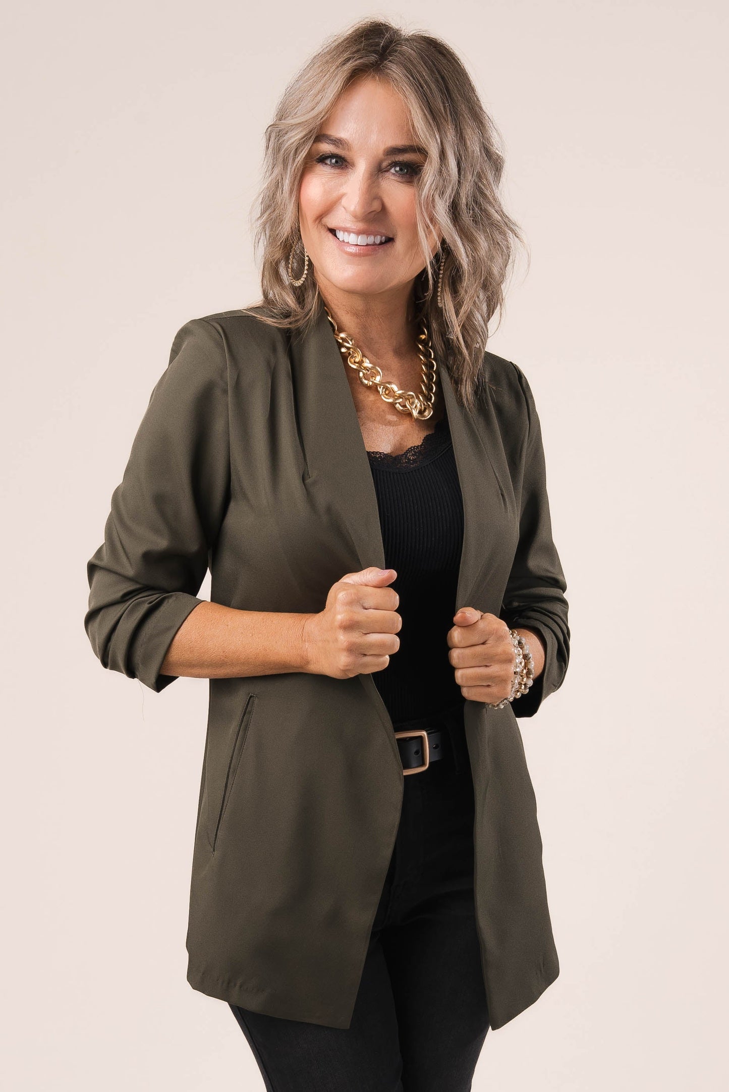 Open Front Ruched Sleeve Blazer