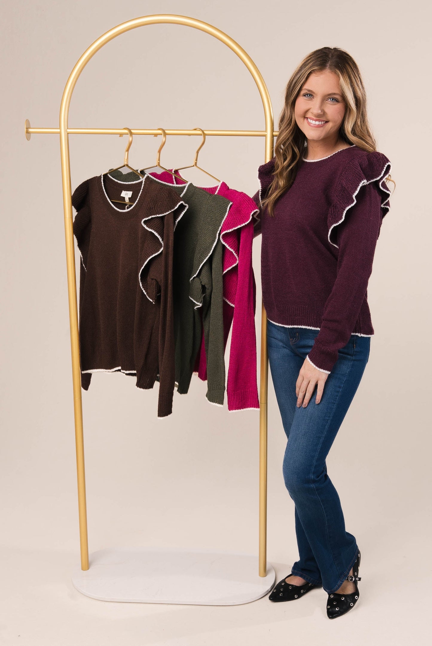 Contrast Trim Ruffle Shoulder Sweater *Final Sale*