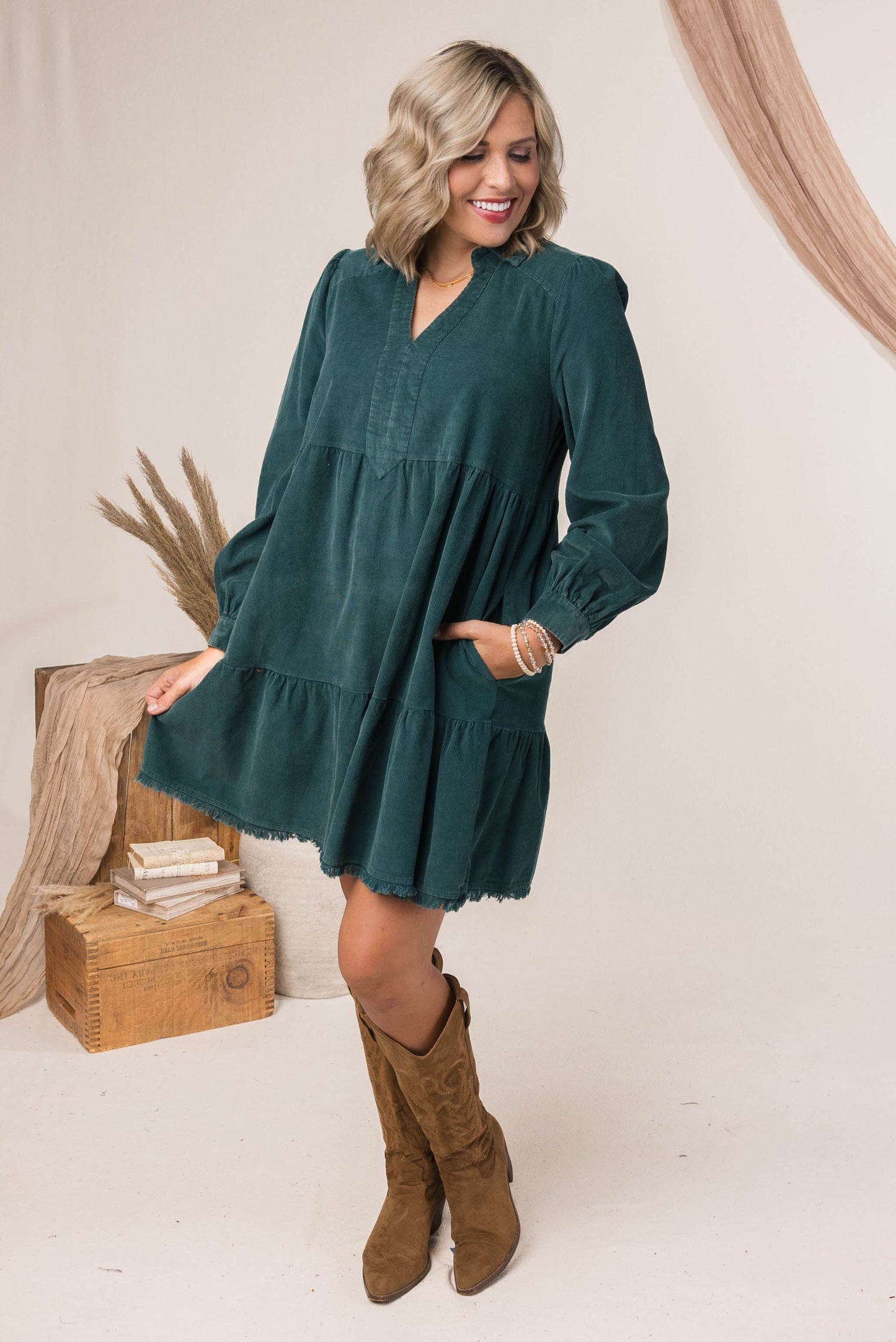 Washed Corduroy Tiered Dress