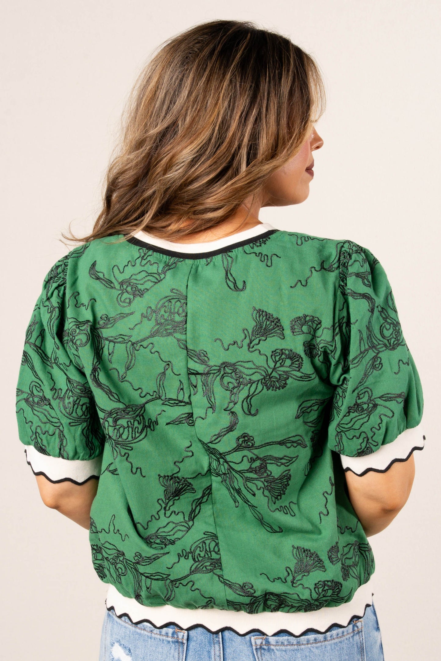 Floral Embroidered Ruffle Trim Top