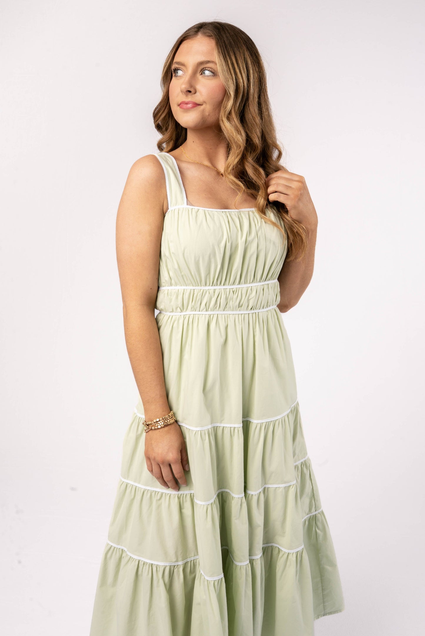 Gathered Bodice Tiered Midi Dress