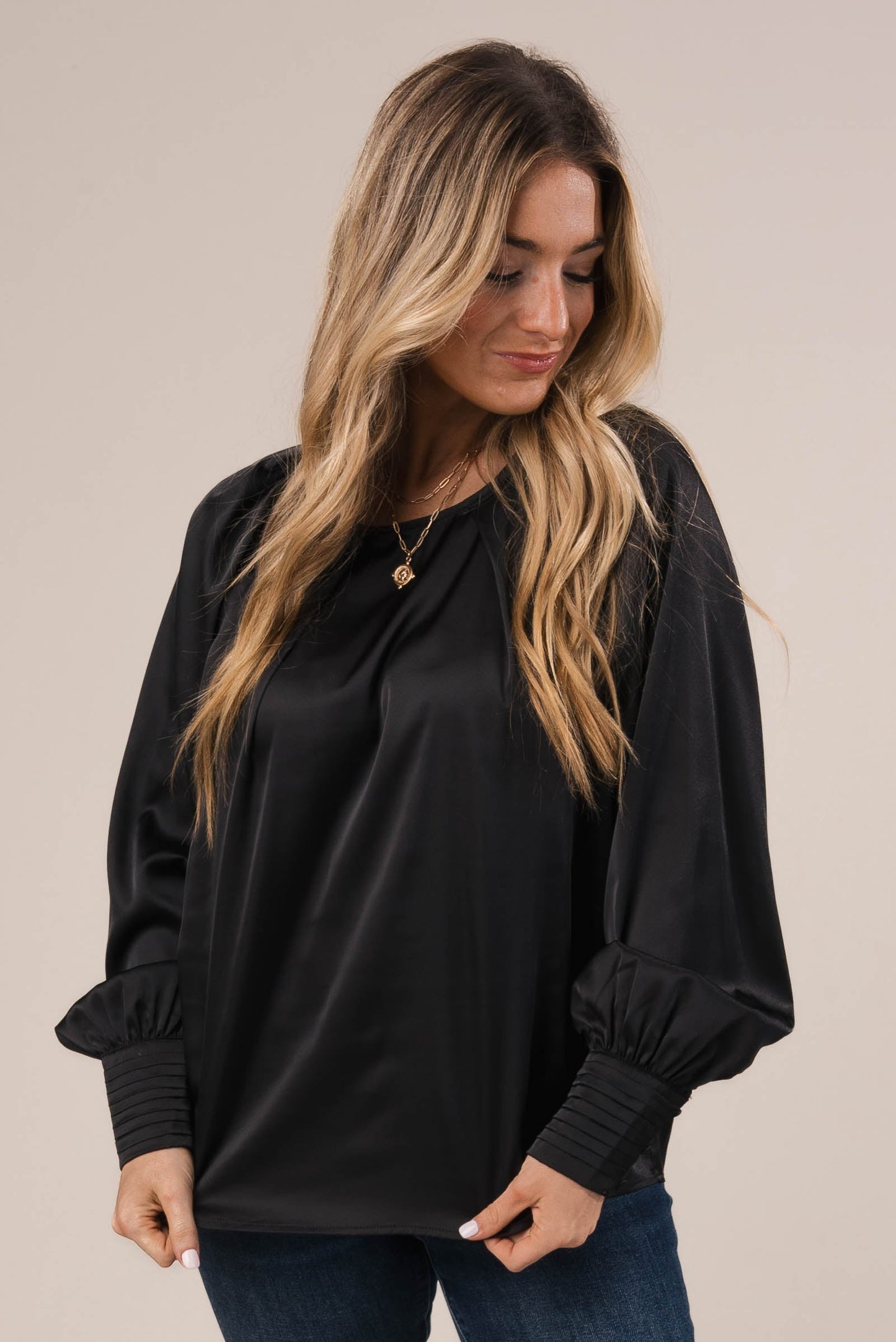 Satin Pleated Button Cuff Blouse *Final Sale*