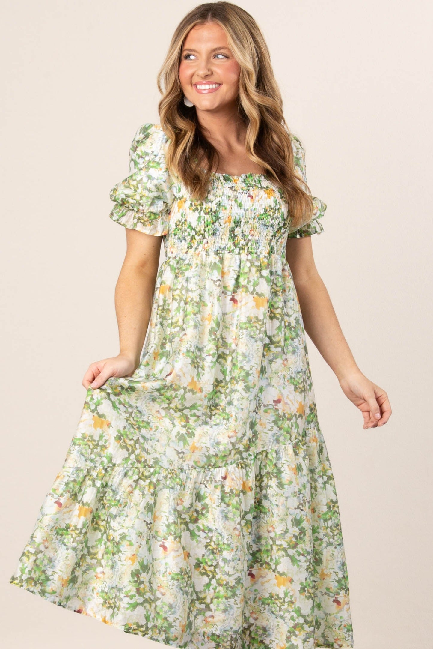 Floral Chiffon Smocked Midi Dress