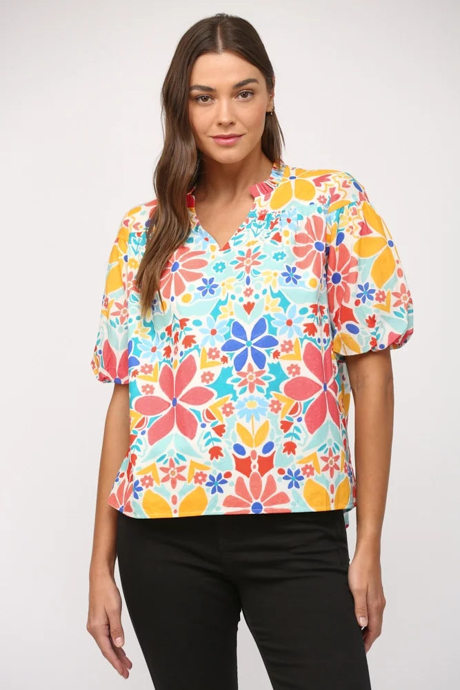 Floral Print Split Neck Bubble Sleeve Top *Final Sale*