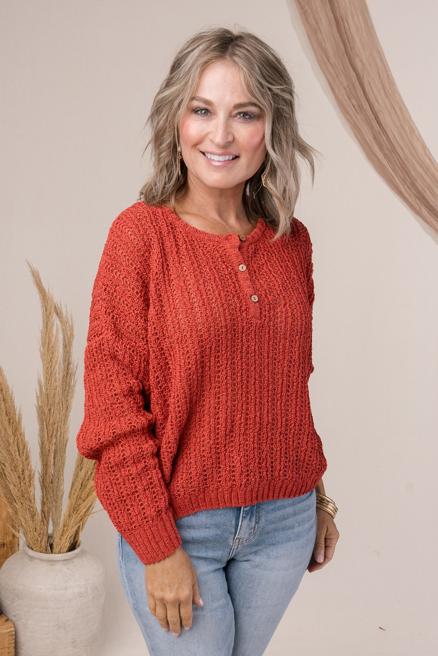 Open Knit Cropped Henley Sweater