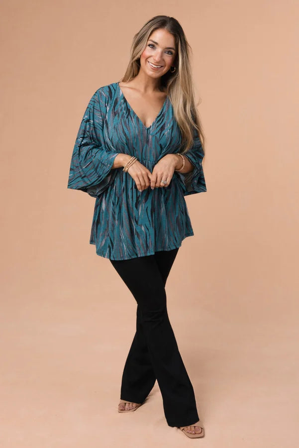 Abstract Dolman Babydoll Top Teal *Final Sale*
