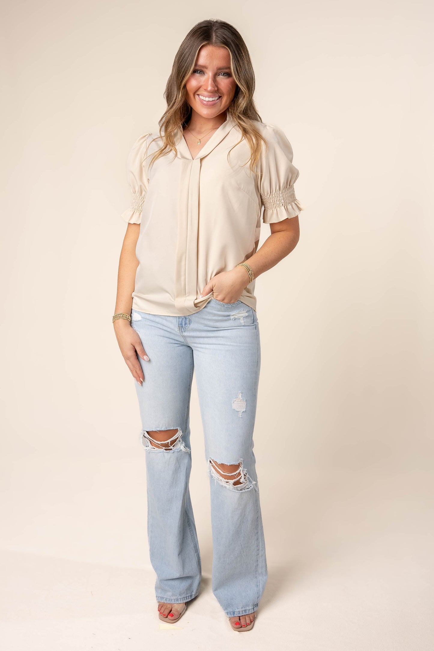 Pleat Front Smocked Sleeve Blouse *Final Sale*