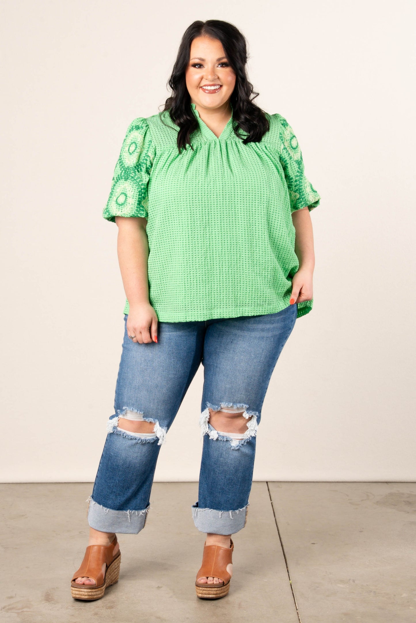 Seersucker Embroidered Sleeve Top