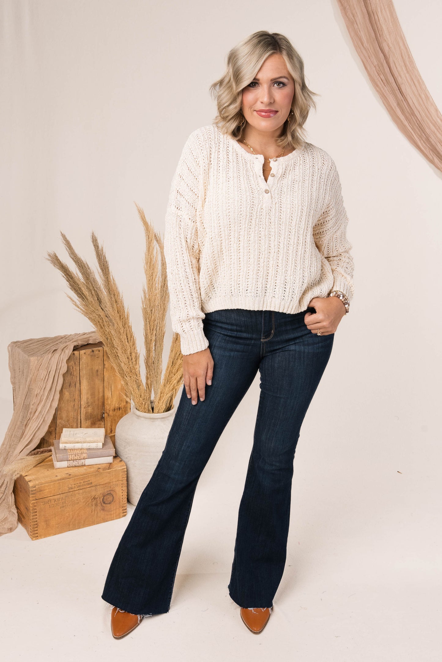 Open Knit Cropped Henley Sweater