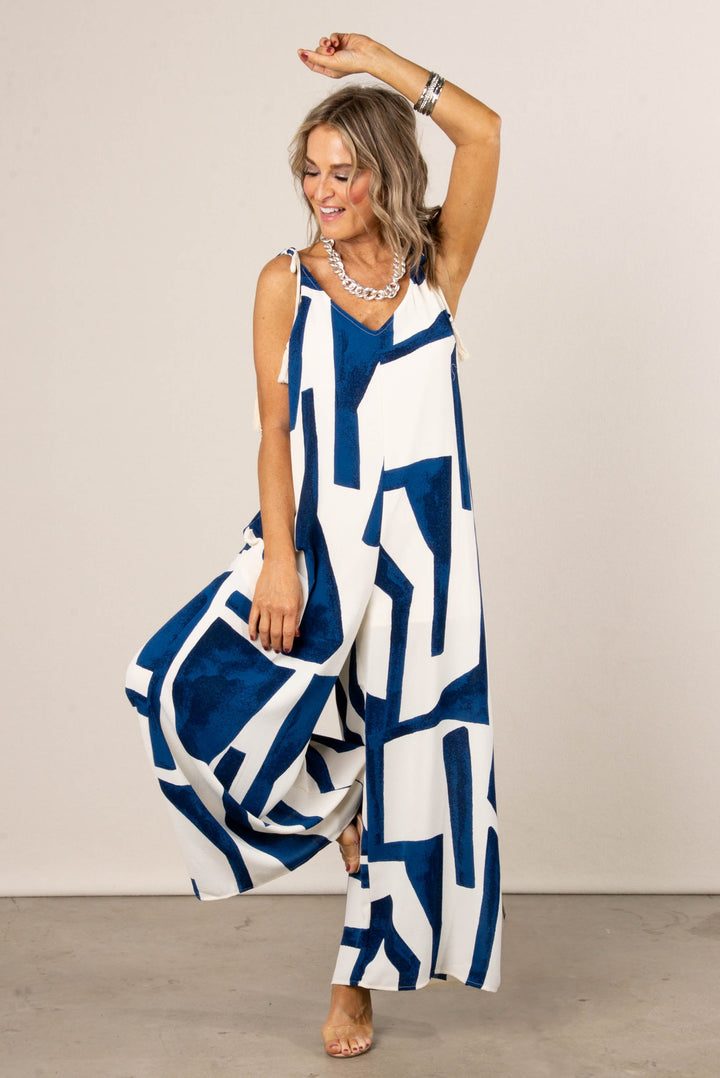 Geo Tie Shoulder Wide Leg Jumpsuit
