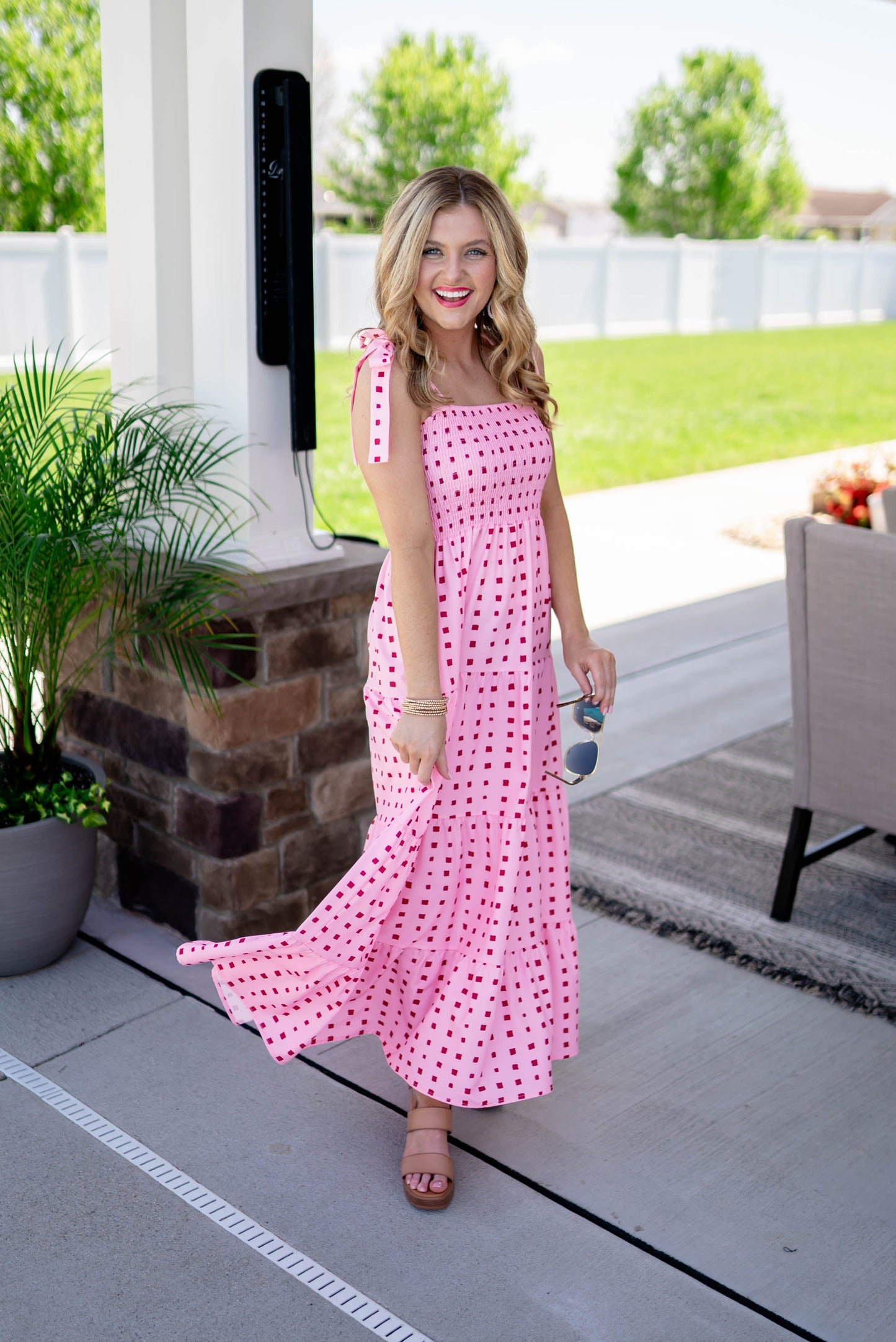 Square Dot Tie Shoulder Midi Dress