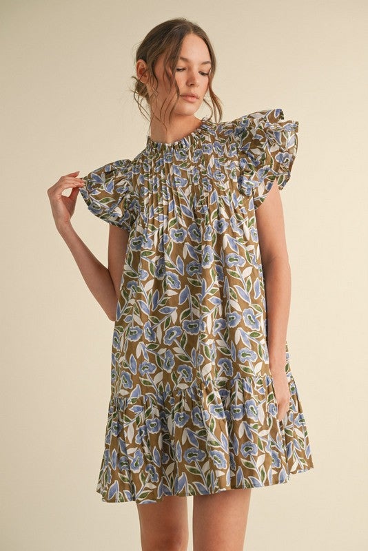 Floral Print Pin-Tuck Ruffly Dress