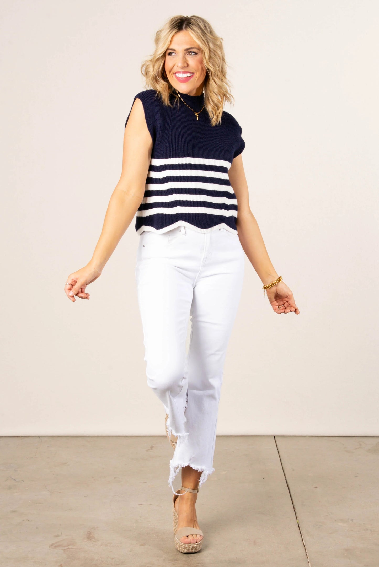 Stripe Mock Neck Scallop Hem Sweater