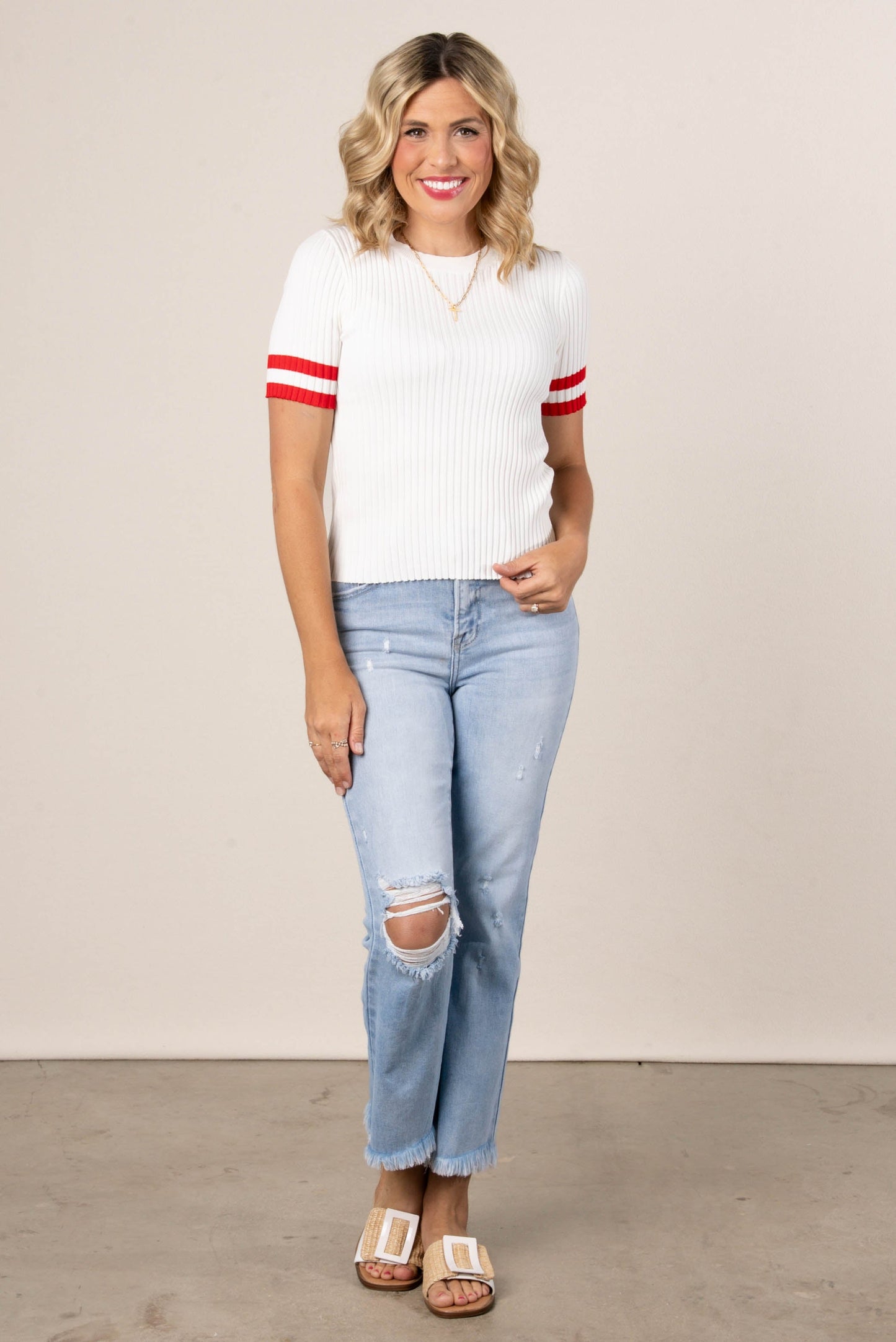 Ribbed Striped Sleeve Sweater
